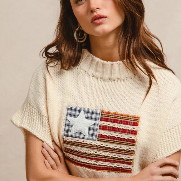BiBi American Flag Patchwork Drop Shoulder‎ Sweater - Picture 5 of 15